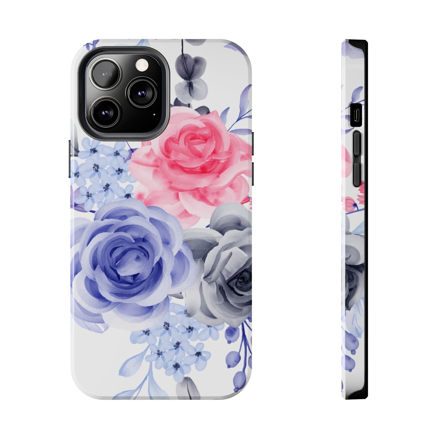 Romantic Watercolor Floral iPhone Case – Pink, Blue & Gray Roses - BOGO Cases