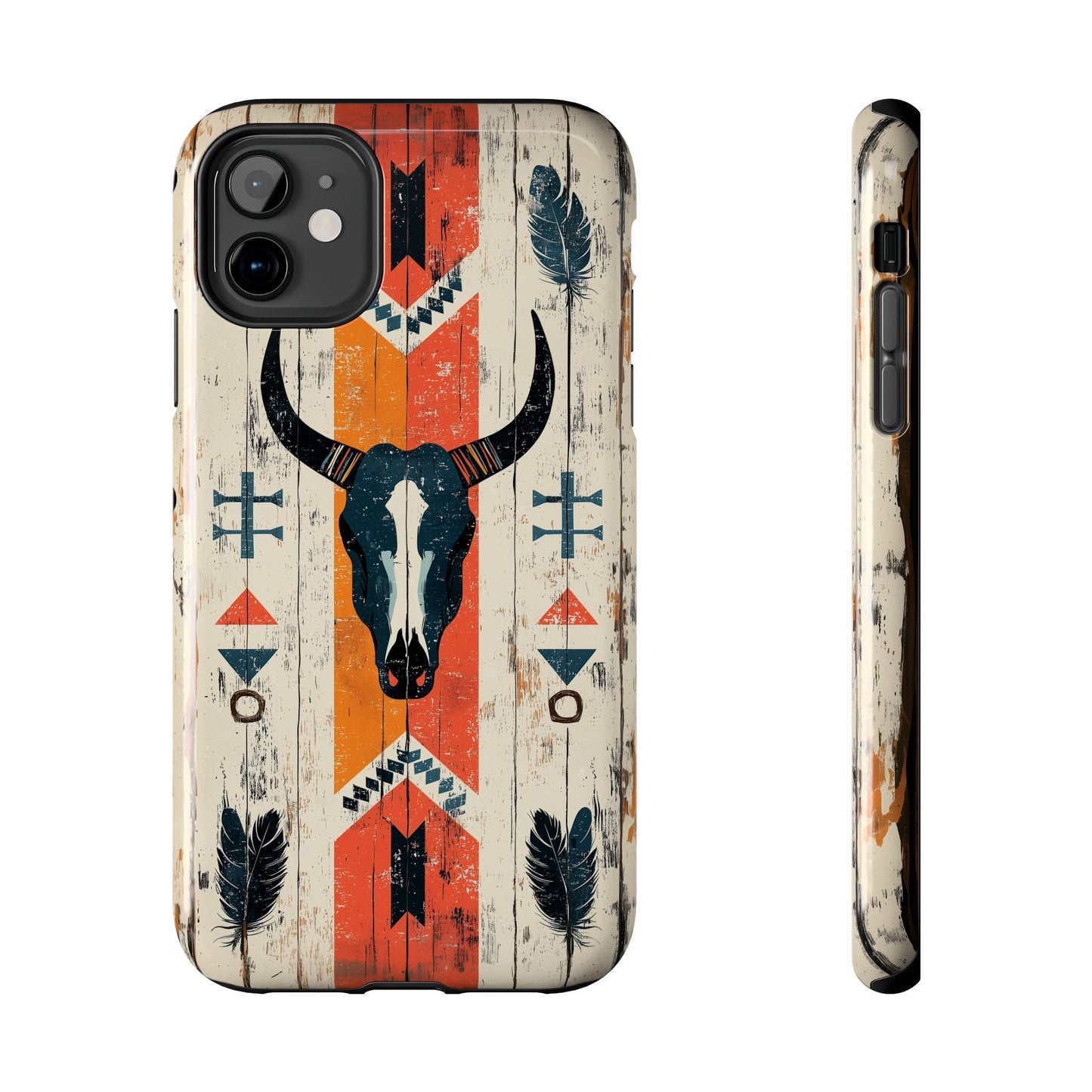 Rustic Western Bull Skull Tough iPhone Case – Distressed Wood Design, Dual - Layer Protection - BOGO Cases