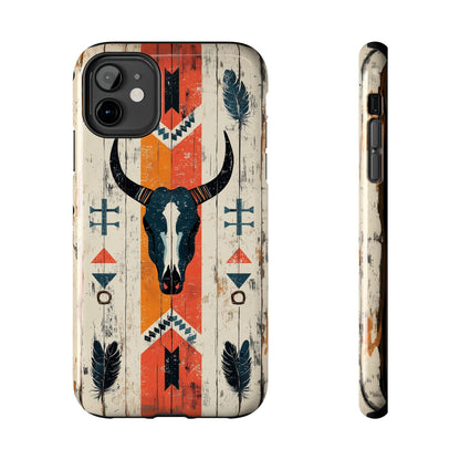 Rustic Western Bull Skull Tough iPhone Case – Distressed Wood Design, Dual - Layer Protection - BOGO Cases