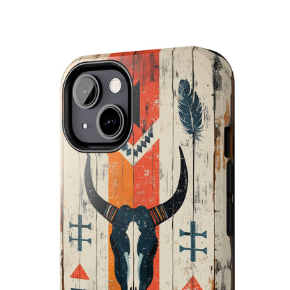 Rustic Western Bull Skull Tough iPhone Case – Distressed Wood Design, Dual - Layer Protection - BOGO Cases