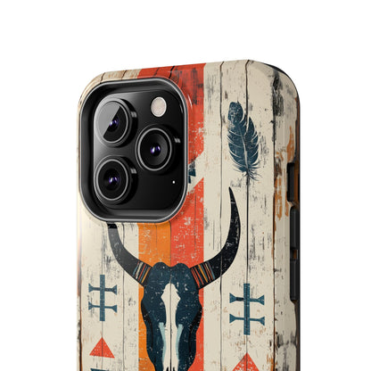 Rustic Western Bull Skull Tough iPhone Case – Distressed Wood Design, Dual - Layer Protection - BOGO Cases