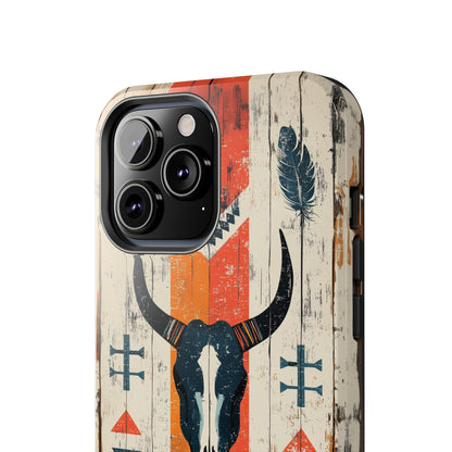 Rustic Western Bull Skull Tough iPhone Case – Distressed Wood Design, Dual - Layer Protection - BOGO Cases