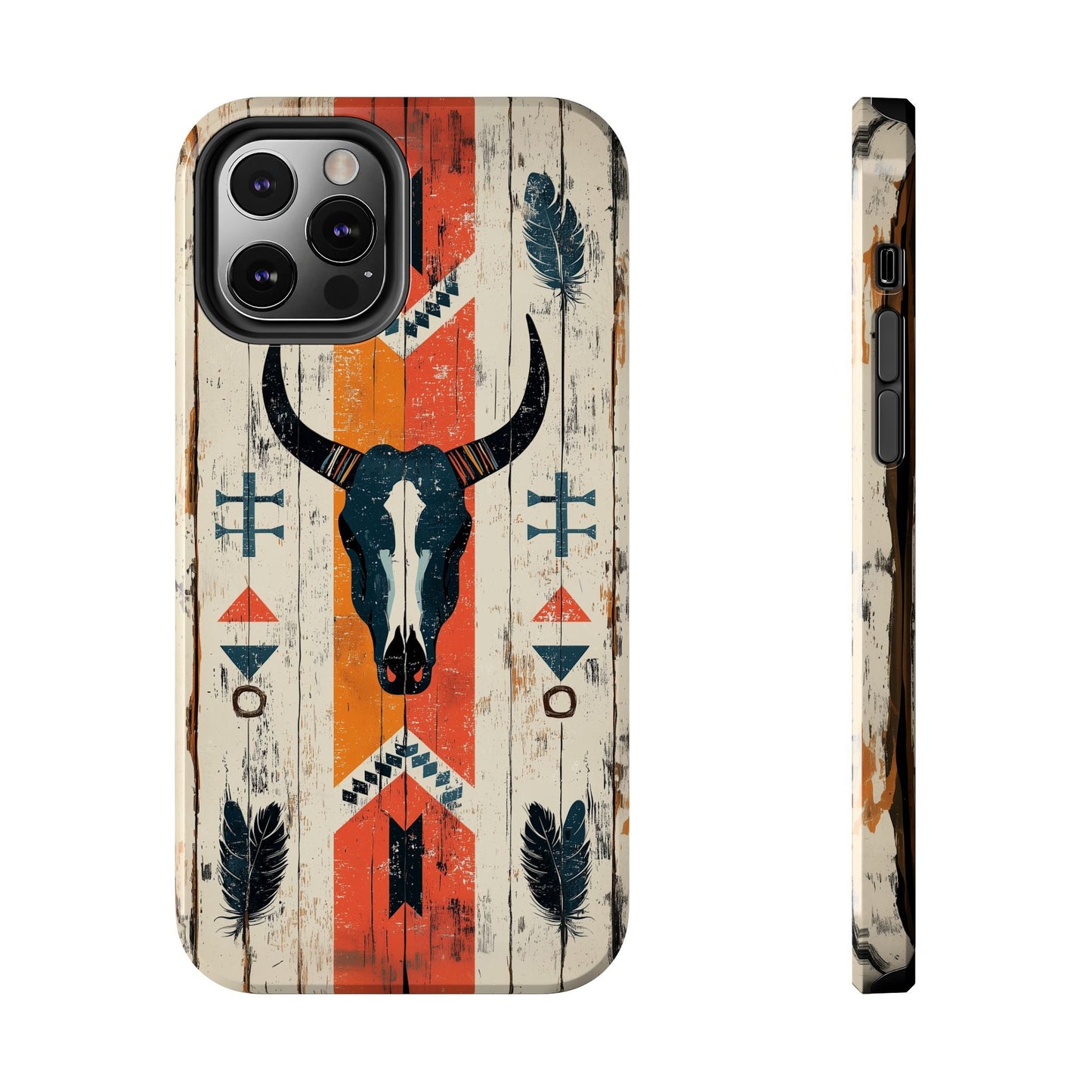 Rustic Western Bull Skull Tough iPhone Case – Distressed Wood Design, Dual - Layer Protection - BOGO Cases