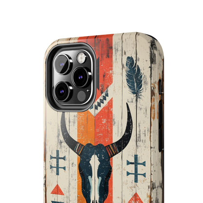 Rustic Western Bull Skull Tough iPhone Case – Distressed Wood Design, Dual - Layer Protection - BOGO Cases