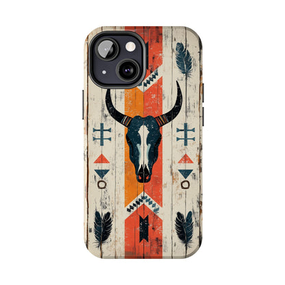 Rustic Western Bull Skull Tough iPhone Case – Distressed Wood Design, Dual - Layer Protection - BOGO Cases