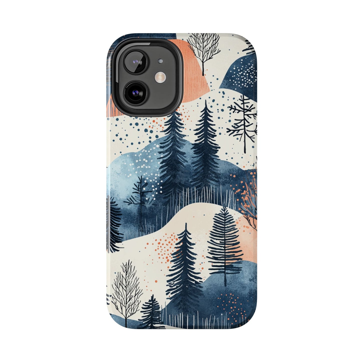 Serene Winter Forest iPhone Case – Tough Protective Cover with Watercolor Pine Tree Covered Mountains - BOGO Cases