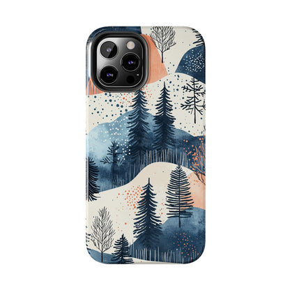 Serene Winter Forest iPhone Case – Tough Protective Cover with Watercolor Pine Tree Covered Mountains - BOGO Cases