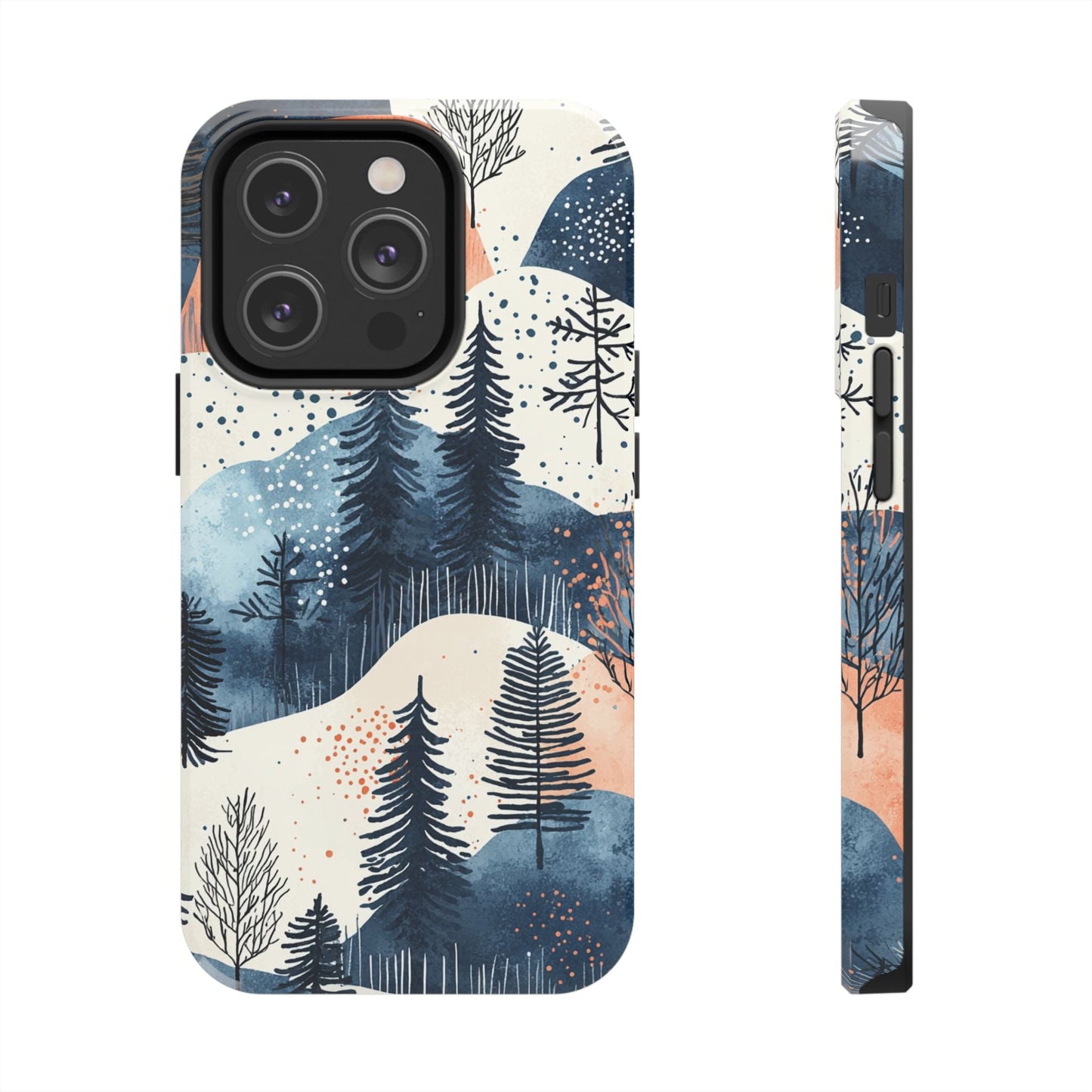 Serene Winter Forest iPhone Case – Tough Protective Cover with Watercolor Pine Tree Covered Mountains - BOGO Cases