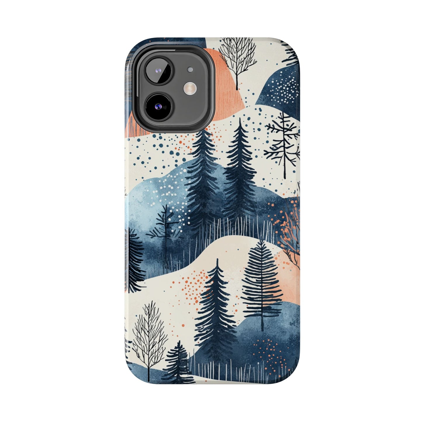 Serene Winter Forest iPhone Case – Tough Protective Cover with Watercolor Pine Tree Covered Mountains - BOGO Cases