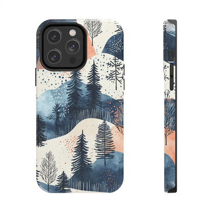 Serene Winter Forest iPhone Case – Tough Protective Cover with Watercolor Pine Tree Covered Mountains - BOGO Cases