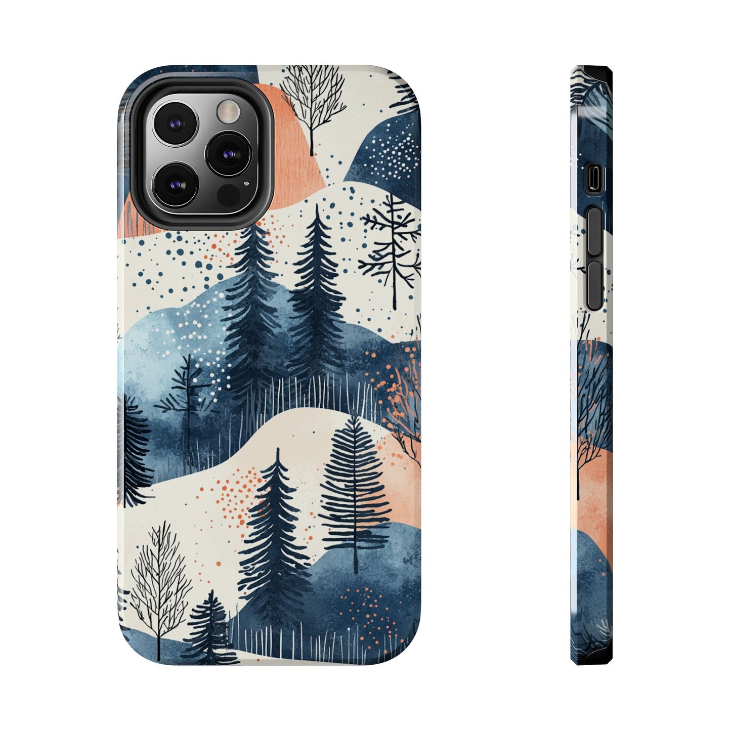 Serene Winter Forest iPhone Case – Tough Protective Cover with Watercolor Pine Tree Covered Mountains - BOGO Cases