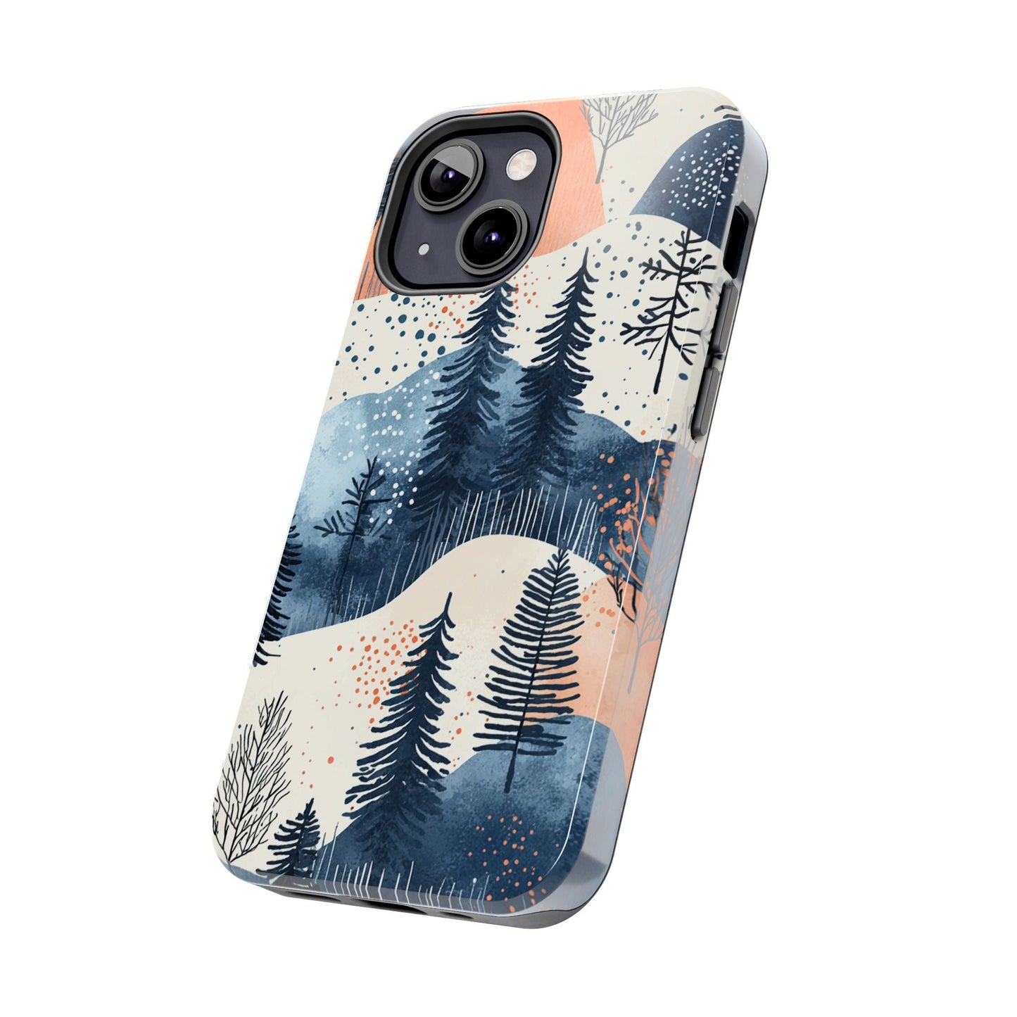 Serene Winter Forest iPhone Case – Tough Protective Cover with Watercolor Pine Tree Covered Mountains - BOGO Cases