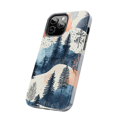 Serene Winter Forest iPhone Case – Tough Protective Cover with Watercolor Pine Tree Covered Mountains - BOGO Cases