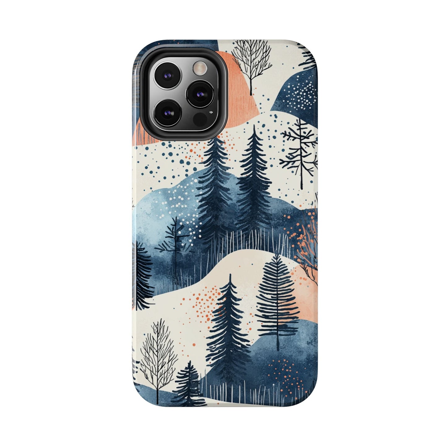 Serene Winter Forest iPhone Case – Tough Protective Cover with Watercolor Pine Tree Covered Mountains - BOGO Cases