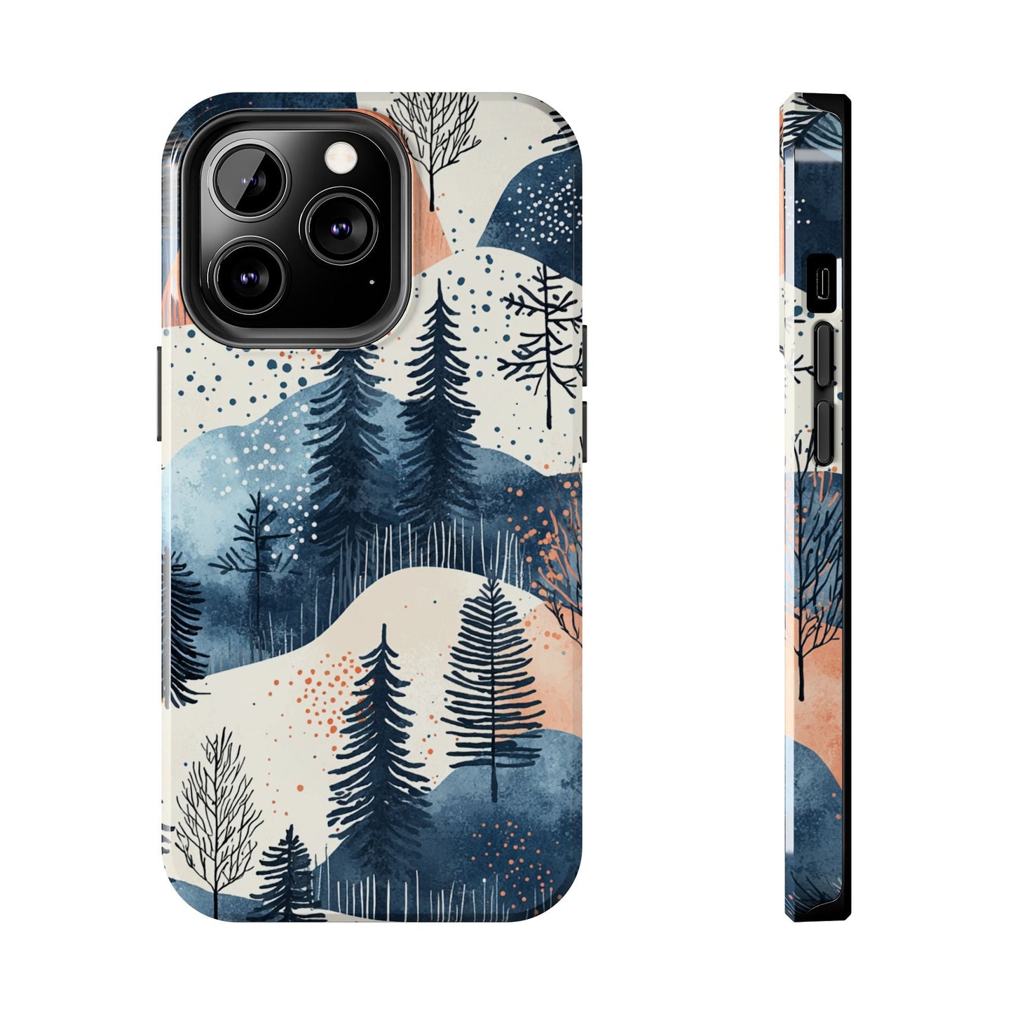 Serene Winter Forest iPhone Case – Tough Protective Cover with Watercolor Pine Tree Covered Mountains - BOGO Cases