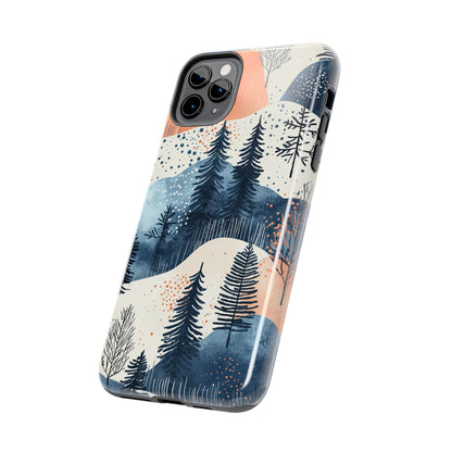 Serene Winter Forest iPhone Case – Tough Protective Cover with Watercolor Pine Tree Covered Mountains - BOGO Cases