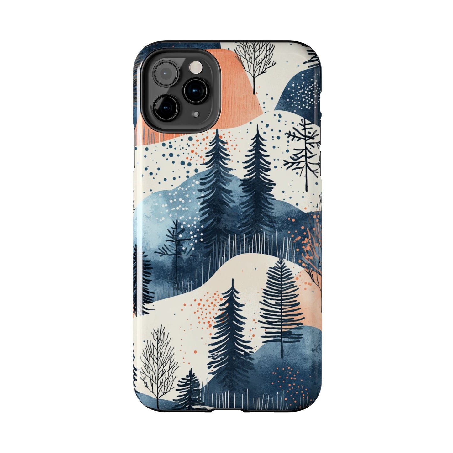 Serene Winter Forest iPhone Case – Tough Protective Cover with Watercolor Pine Tree Covered Mountains - BOGO Cases