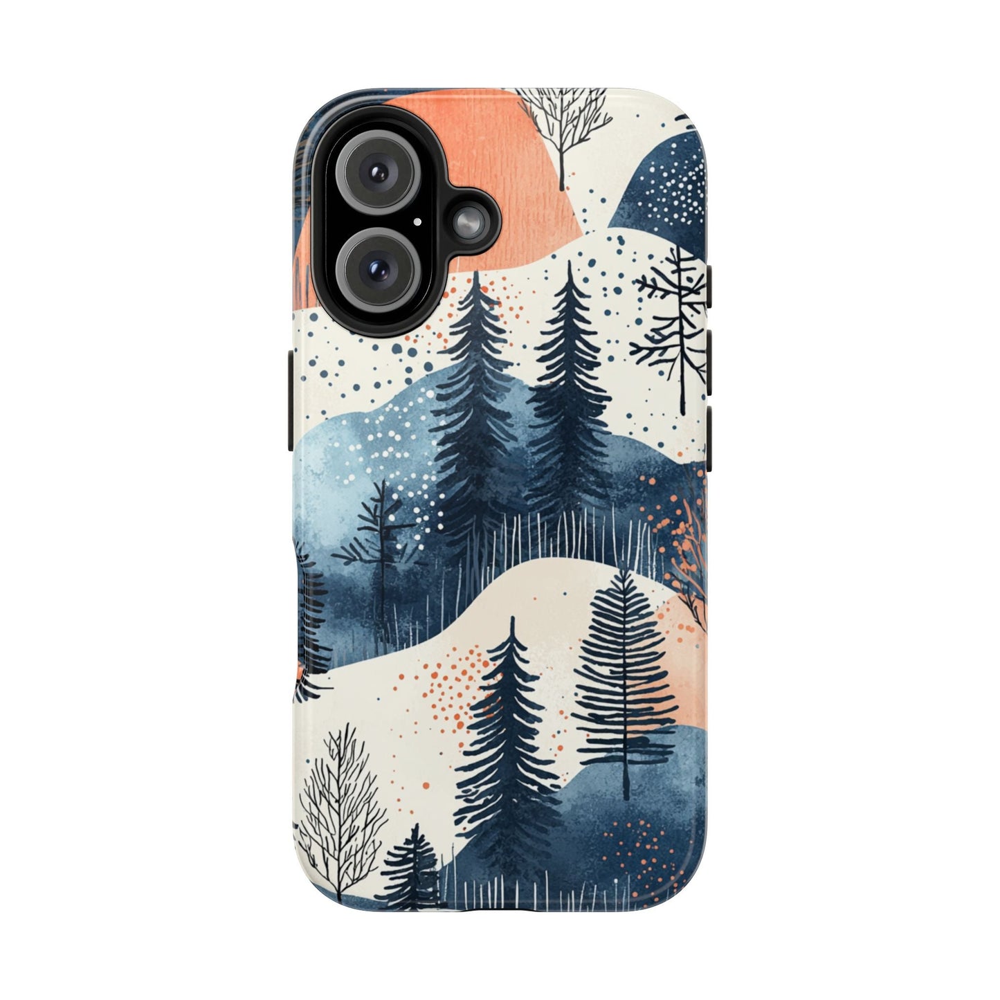 Serene Winter Forest iPhone Case – Tough Protective Cover with Watercolor Pine Tree Covered Mountains - BOGO Cases