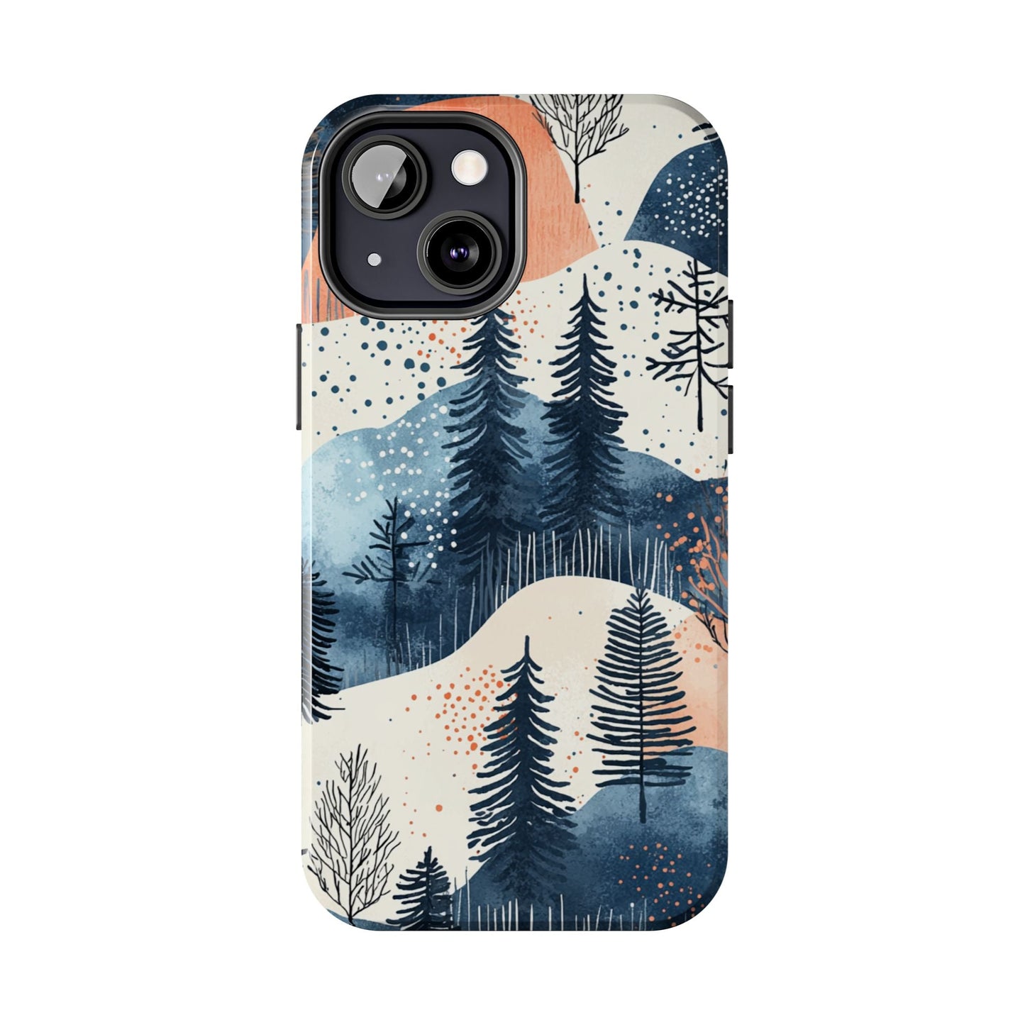 Serene Winter Forest iPhone Case – Tough Protective Cover with Watercolor Pine Tree Covered Mountains - BOGO Cases