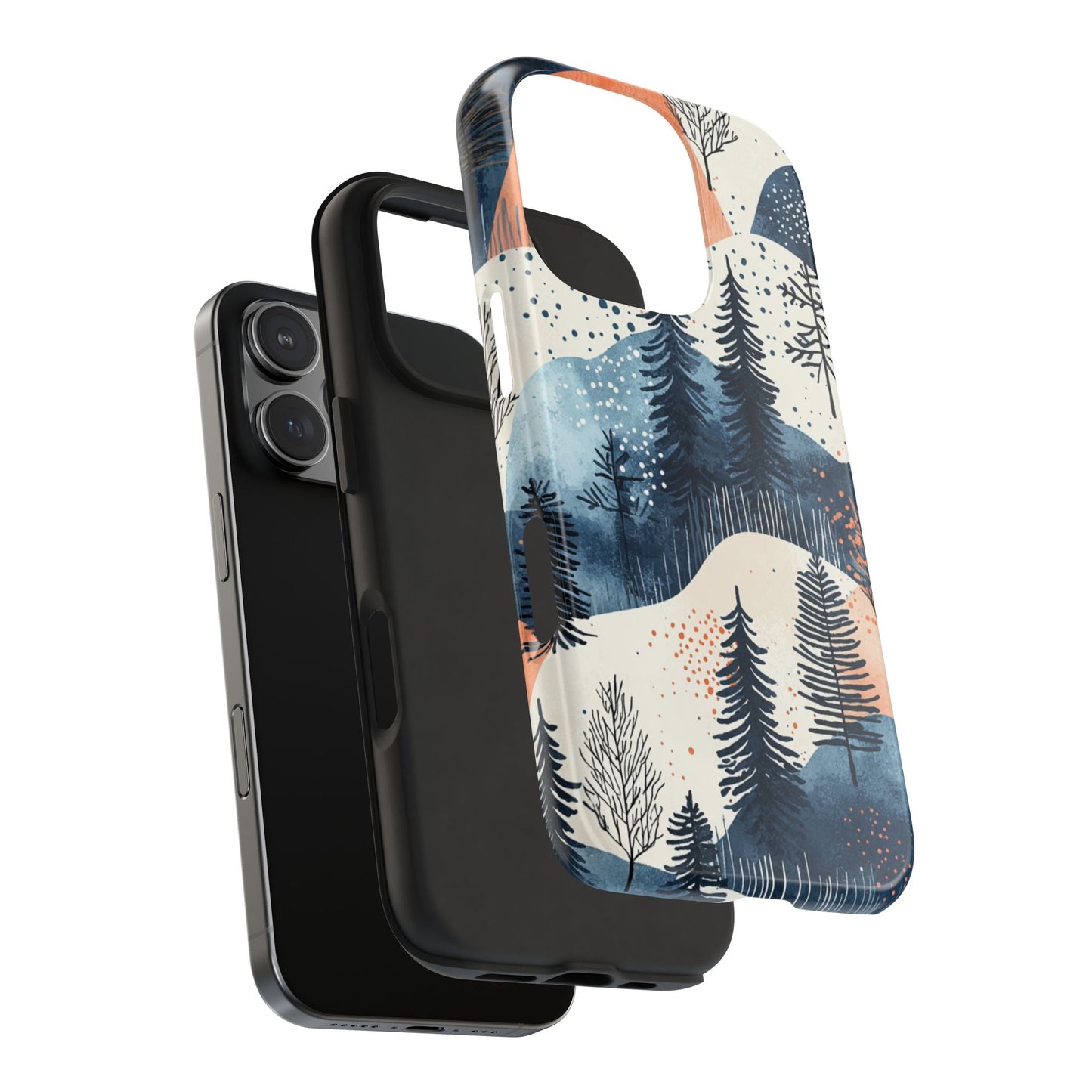 Serene Winter Forest iPhone Case – Tough Protective Cover with Watercolor Pine Tree Covered Mountains - BOGO Cases