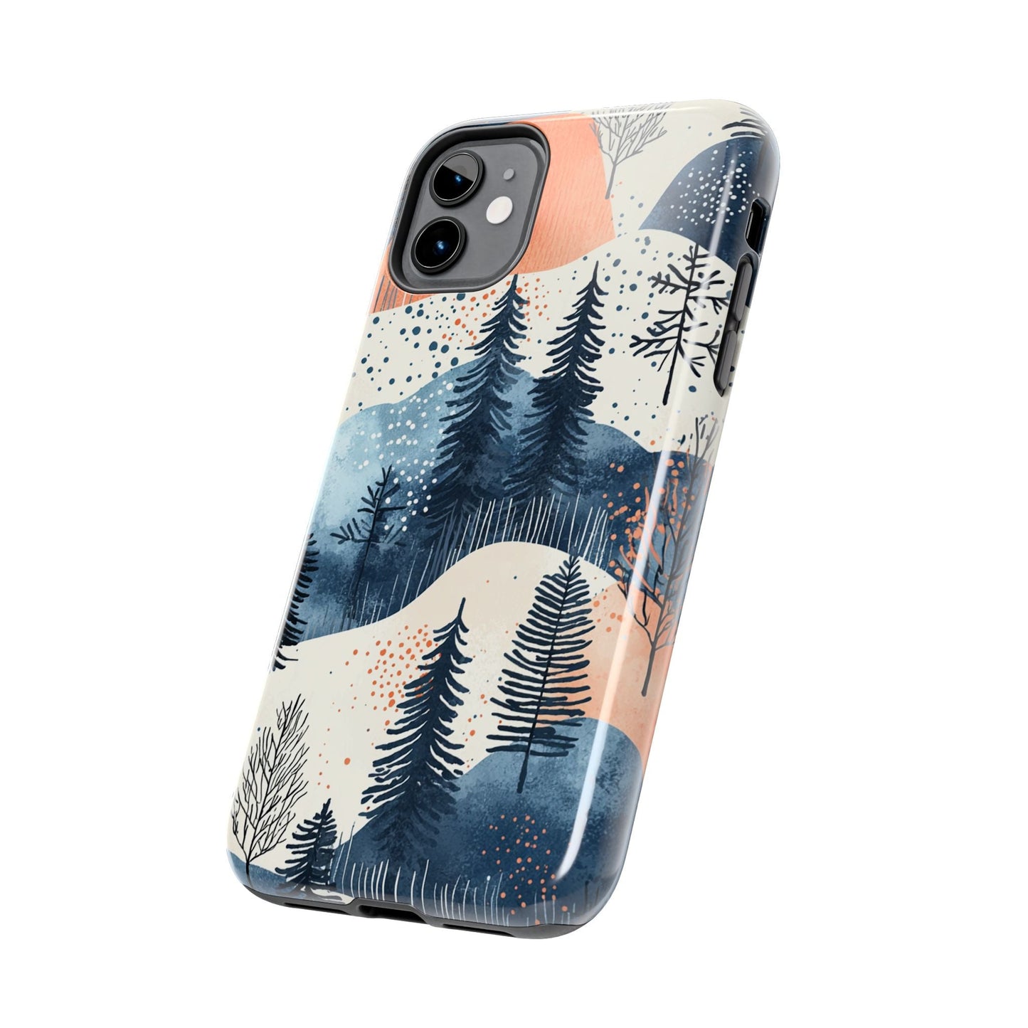 Serene Winter Forest iPhone Case – Tough Protective Cover with Watercolor Pine Tree Covered Mountains - BOGO Cases