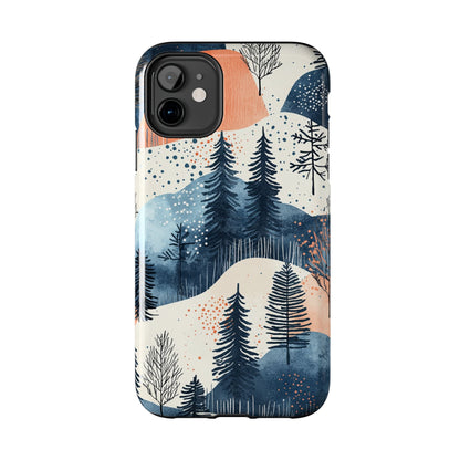 Serene Winter Forest iPhone Case – Tough Protective Cover with Watercolor Pine Tree Covered Mountains - BOGO Cases