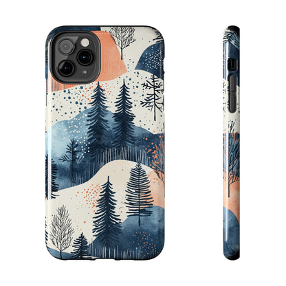 Serene Winter Forest iPhone Case – Tough Protective Cover with Watercolor Pine Tree Covered Mountains - BOGO Cases