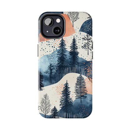 Serene Winter Forest iPhone Case – Tough Protective Cover with Watercolor Pine Tree Covered Mountains - BOGO Cases