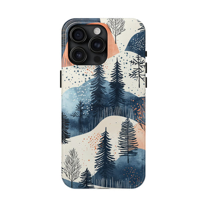 Serene Winter Forest iPhone Case – Tough Protective Cover with Watercolor Pine Tree Covered Mountains - BOGO Cases