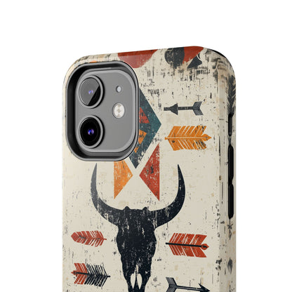 Tribal Bull Skull & Arrows Tough iPhone Case – Rustic Western Design, Dual - Layer Protection - BOGO Cases