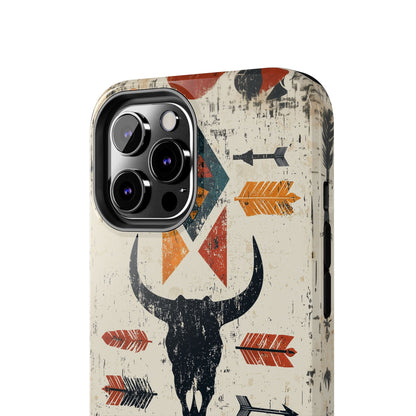 Tribal Bull Skull & Arrows Tough iPhone Case – Rustic Western Design, Dual - Layer Protection - BOGO Cases