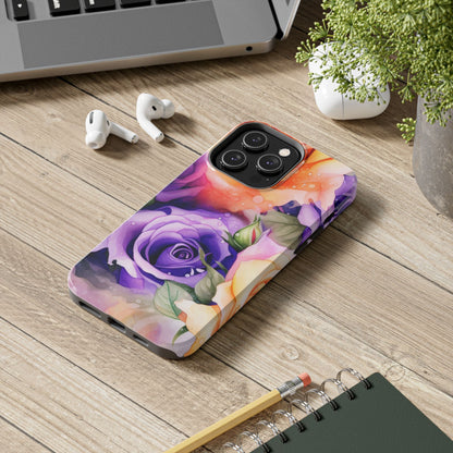 Vibrant Purple & Orange Rose iPhone Case – Watercolor Floral Aesthetic with Shockproof Protection - BOGO Cases