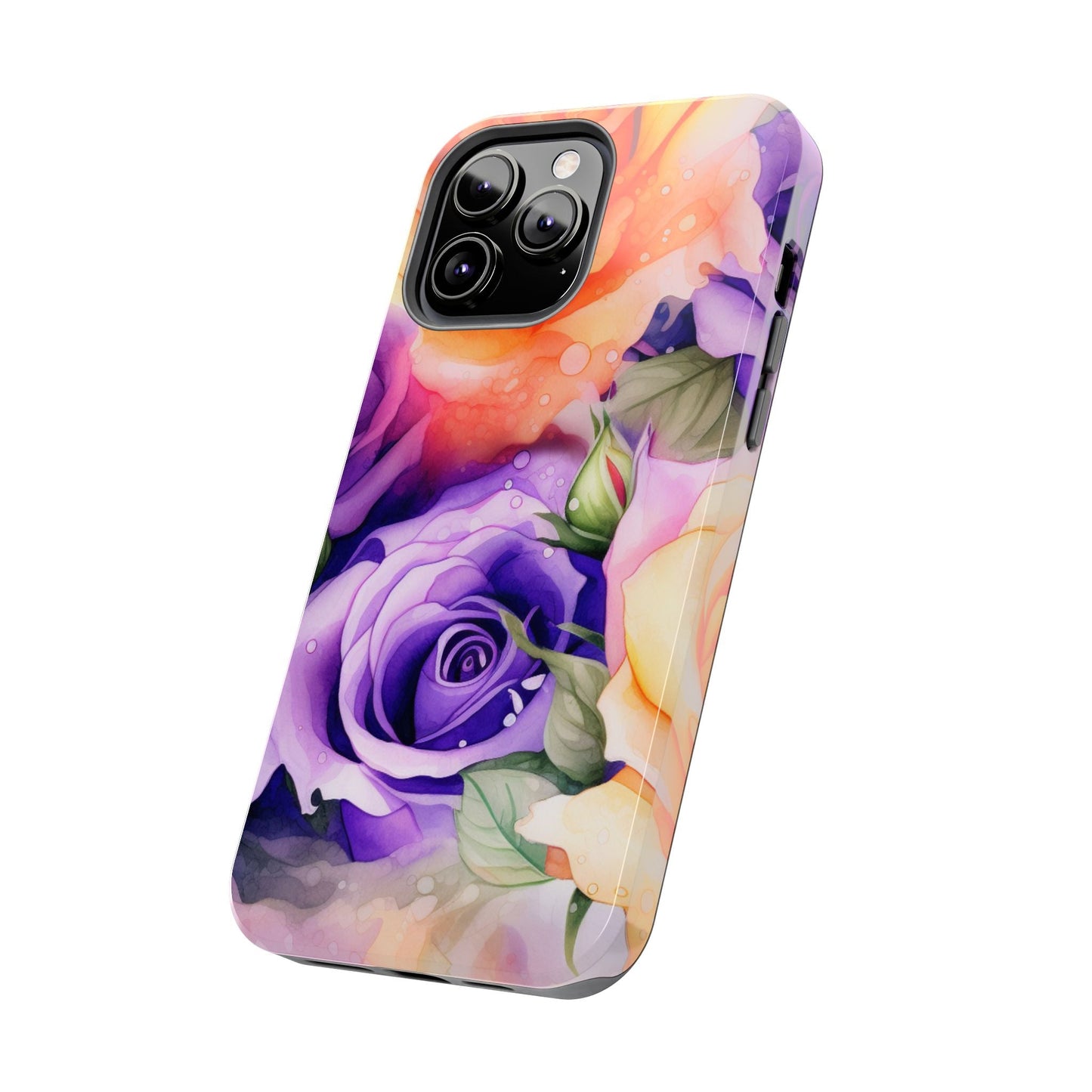Vibrant Purple & Orange Rose iPhone Case – Watercolor Floral Aesthetic with Shockproof Protection - BOGO Cases
