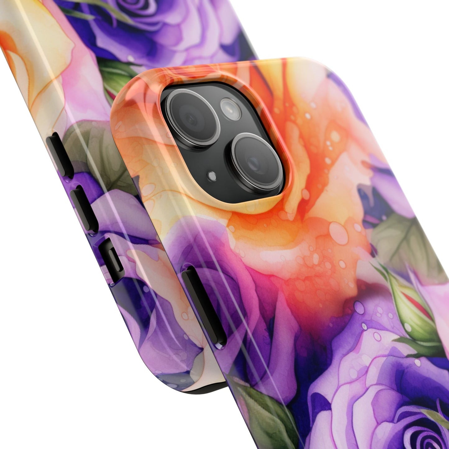 Vibrant Purple & Orange Rose iPhone Case – Watercolor Floral Aesthetic with Shockproof Protection - BOGO Cases