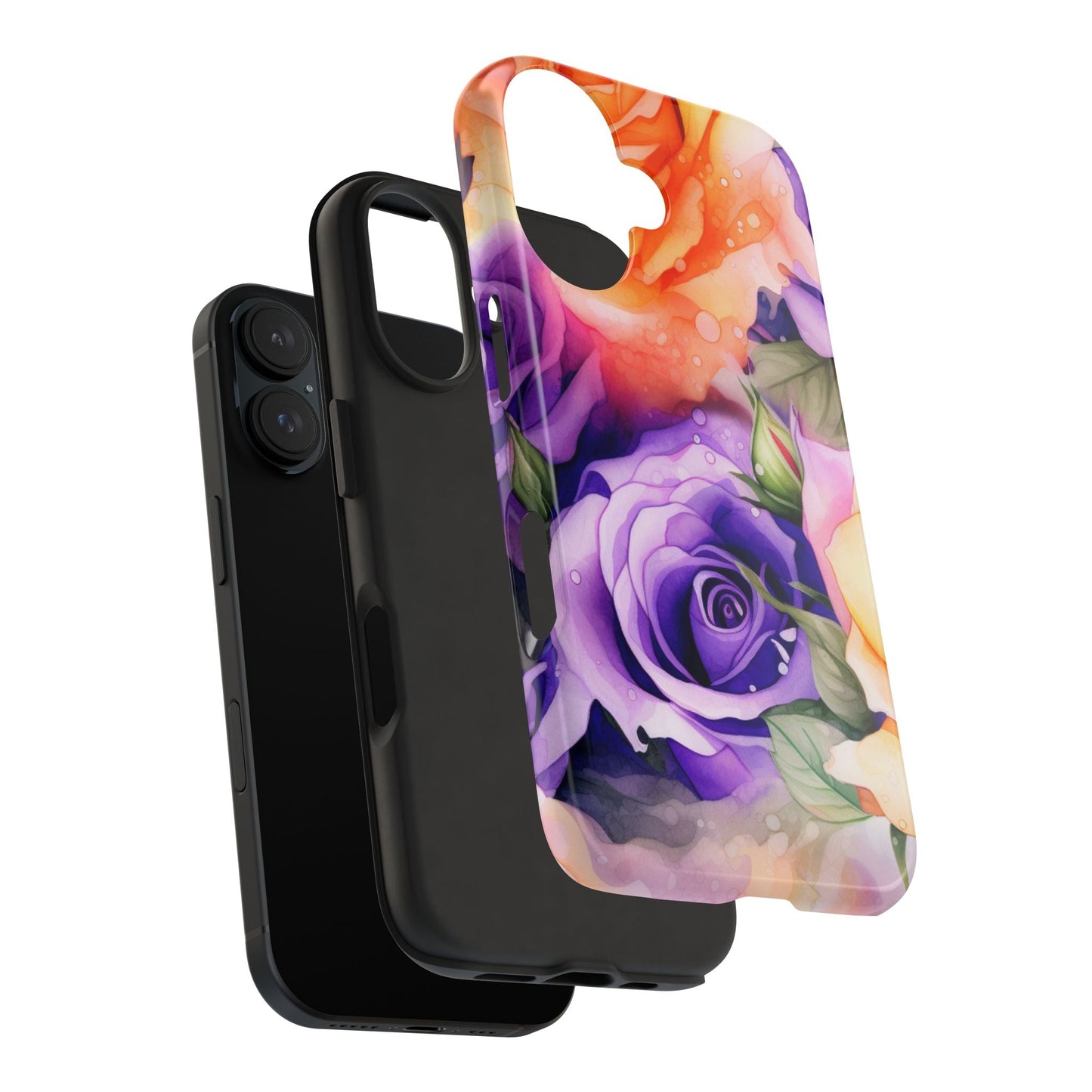 Vibrant Purple & Orange Rose iPhone Case – Watercolor Floral Aesthetic with Shockproof Protection - BOGO Cases