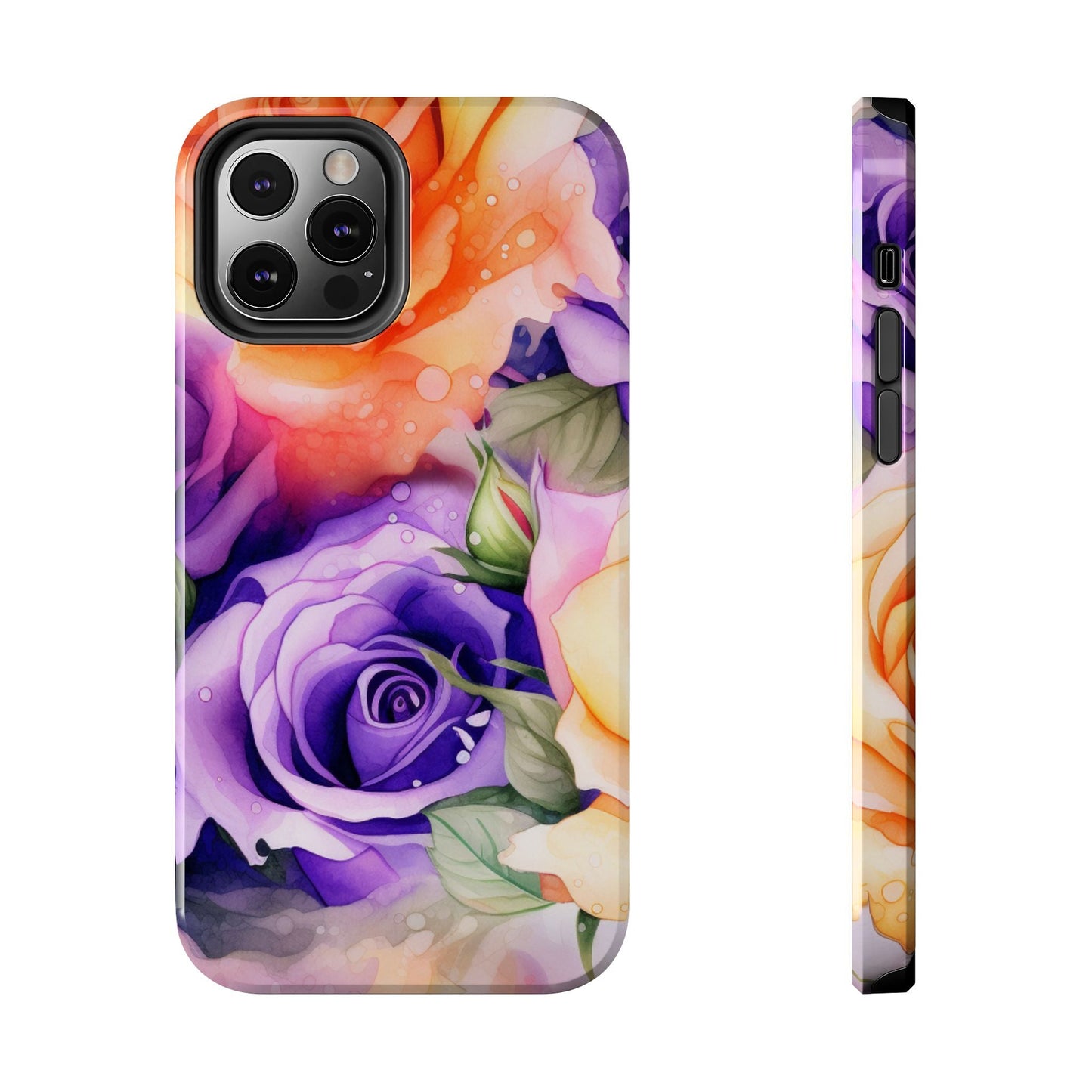 Vibrant Purple & Orange Rose iPhone Case – Watercolor Floral Aesthetic with Shockproof Protection - BOGO Cases