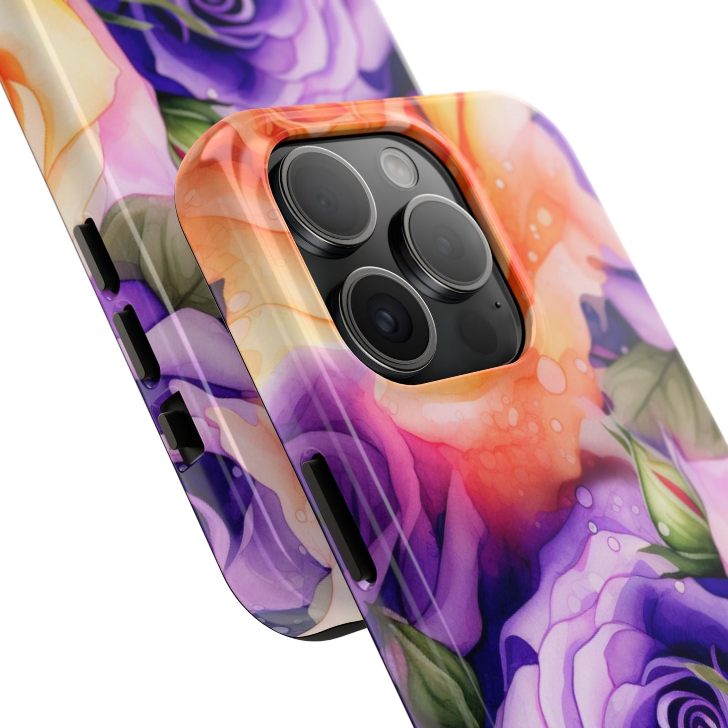 Vibrant Purple & Orange Rose iPhone Case – Watercolor Floral Aesthetic with Shockproof Protection - BOGO Cases
