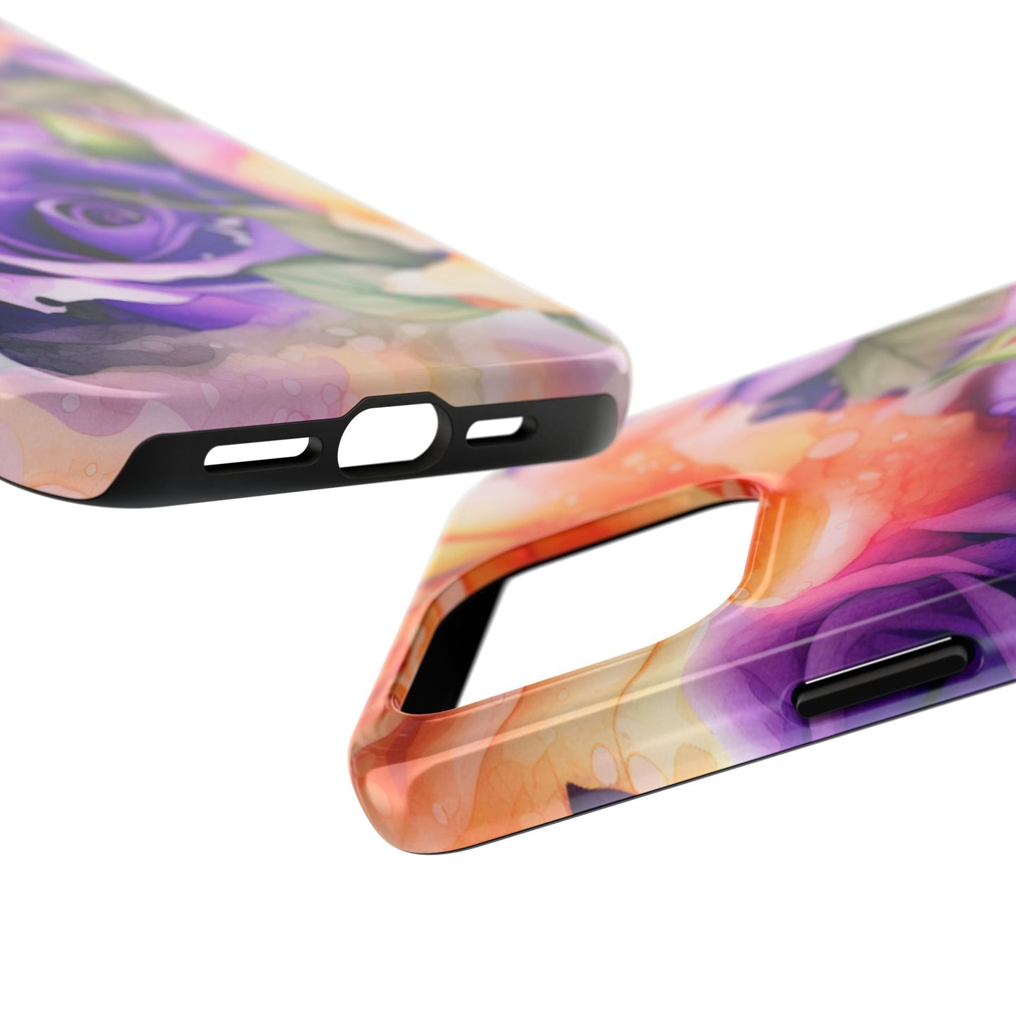 Vibrant Purple & Orange Rose iPhone Case – Watercolor Floral Aesthetic with Shockproof Protection - BOGO Cases