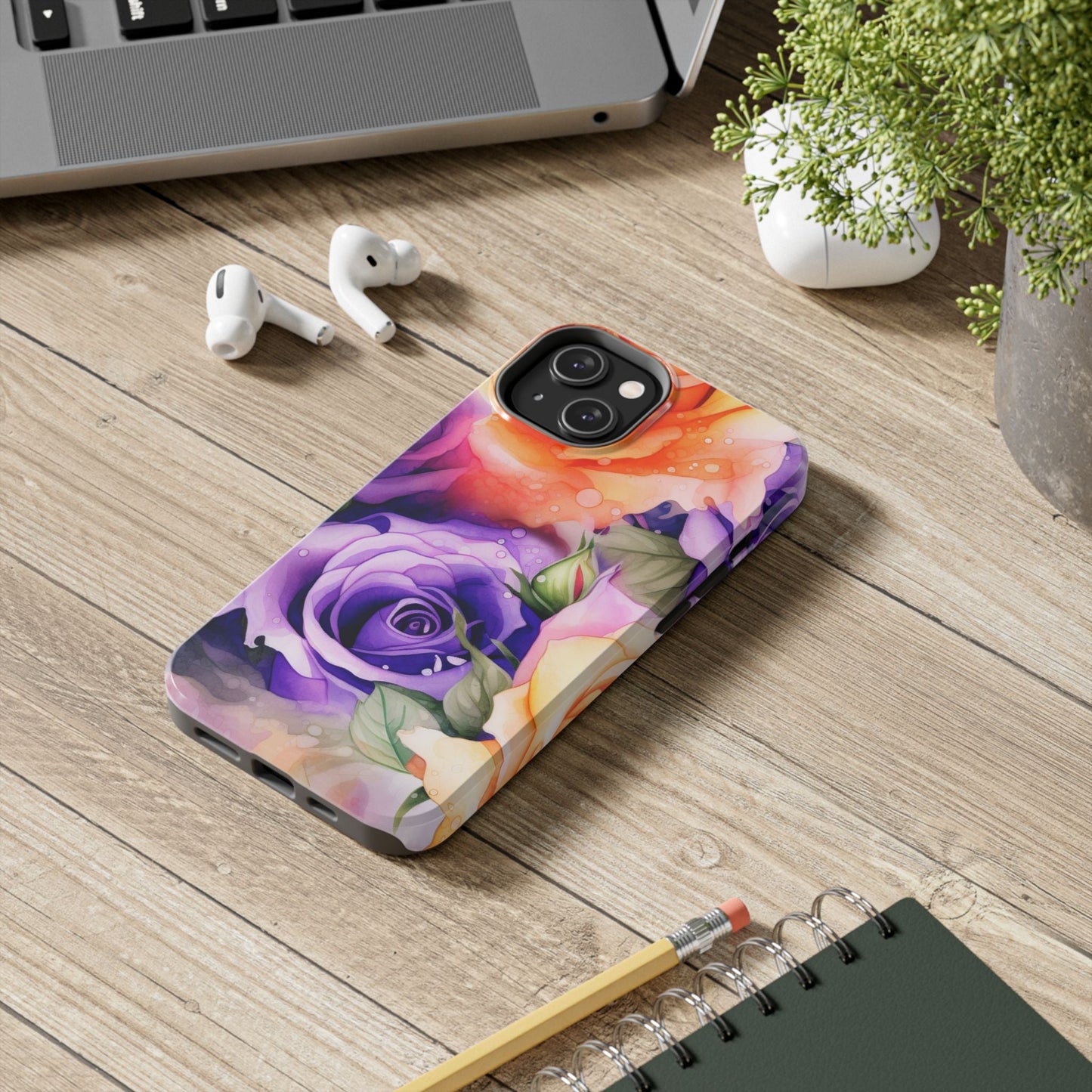 Vibrant Purple & Orange Rose iPhone Case – Watercolor Floral Aesthetic with Shockproof Protection - BOGO Cases