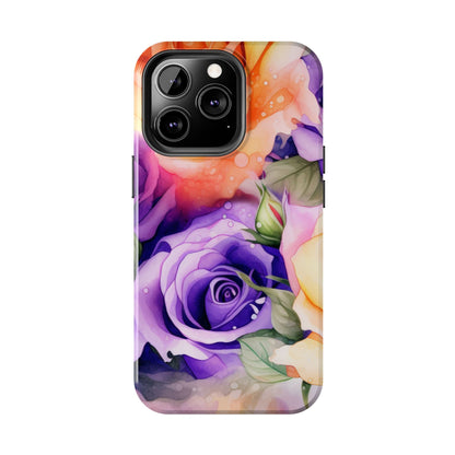Vibrant Purple & Orange Rose iPhone Case – Watercolor Floral Aesthetic with Shockproof Protection - BOGO Cases