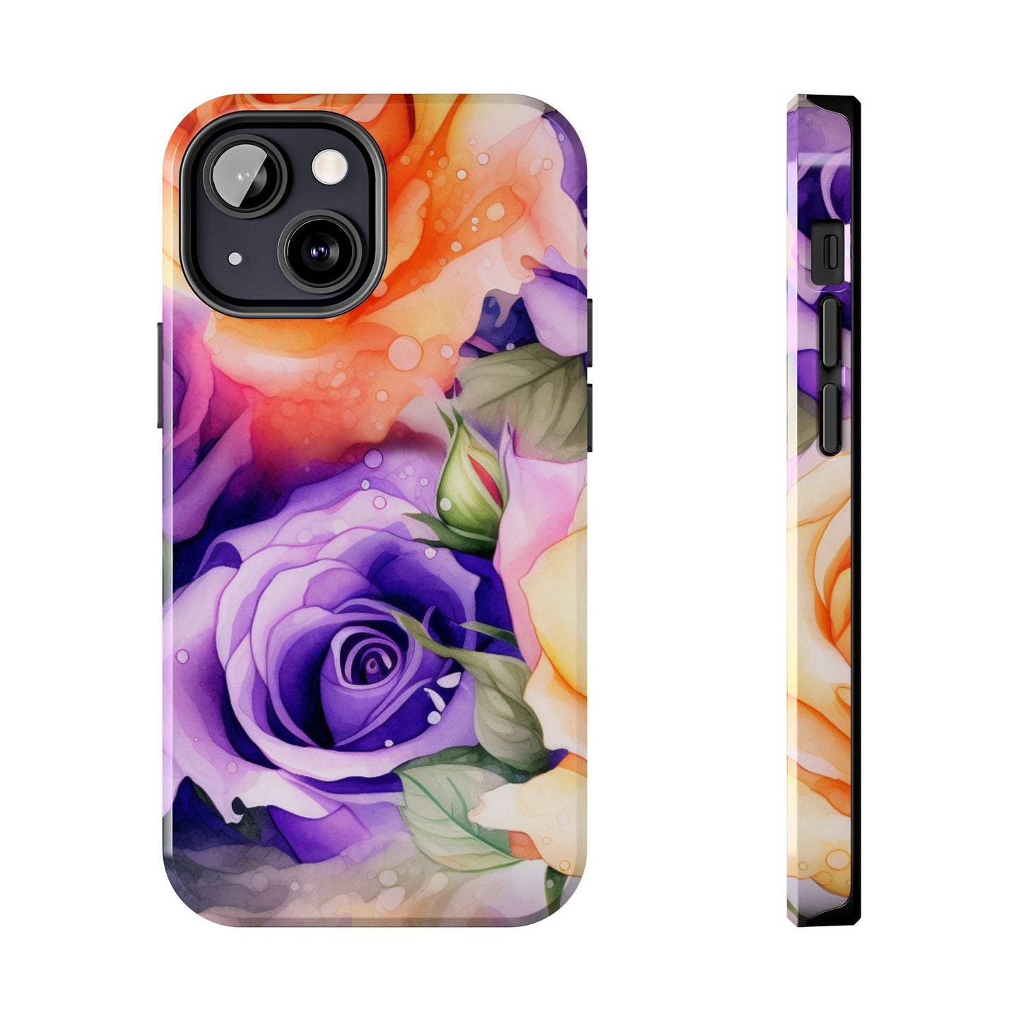Vibrant Purple & Orange Rose iPhone Case – Watercolor Floral Aesthetic with Shockproof Protection - BOGO Cases
