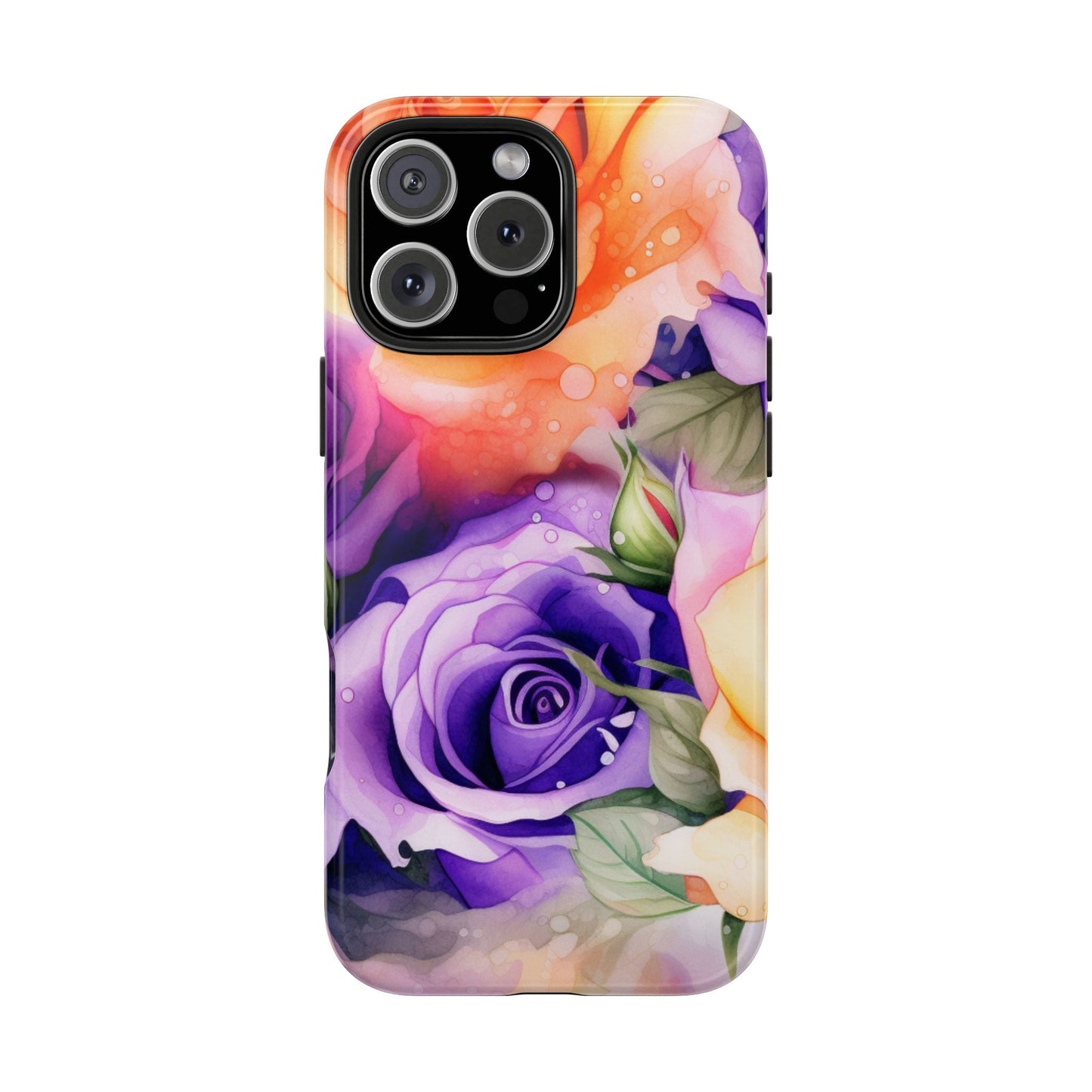 Vibrant Purple & Orange Rose iPhone Case – Watercolor Floral Aesthetic with Shockproof Protection - BOGO Cases
