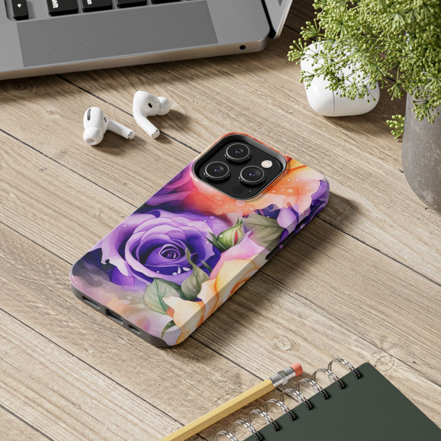 Vibrant Purple & Orange Rose iPhone Case – Watercolor Floral Aesthetic with Shockproof Protection - BOGO Cases