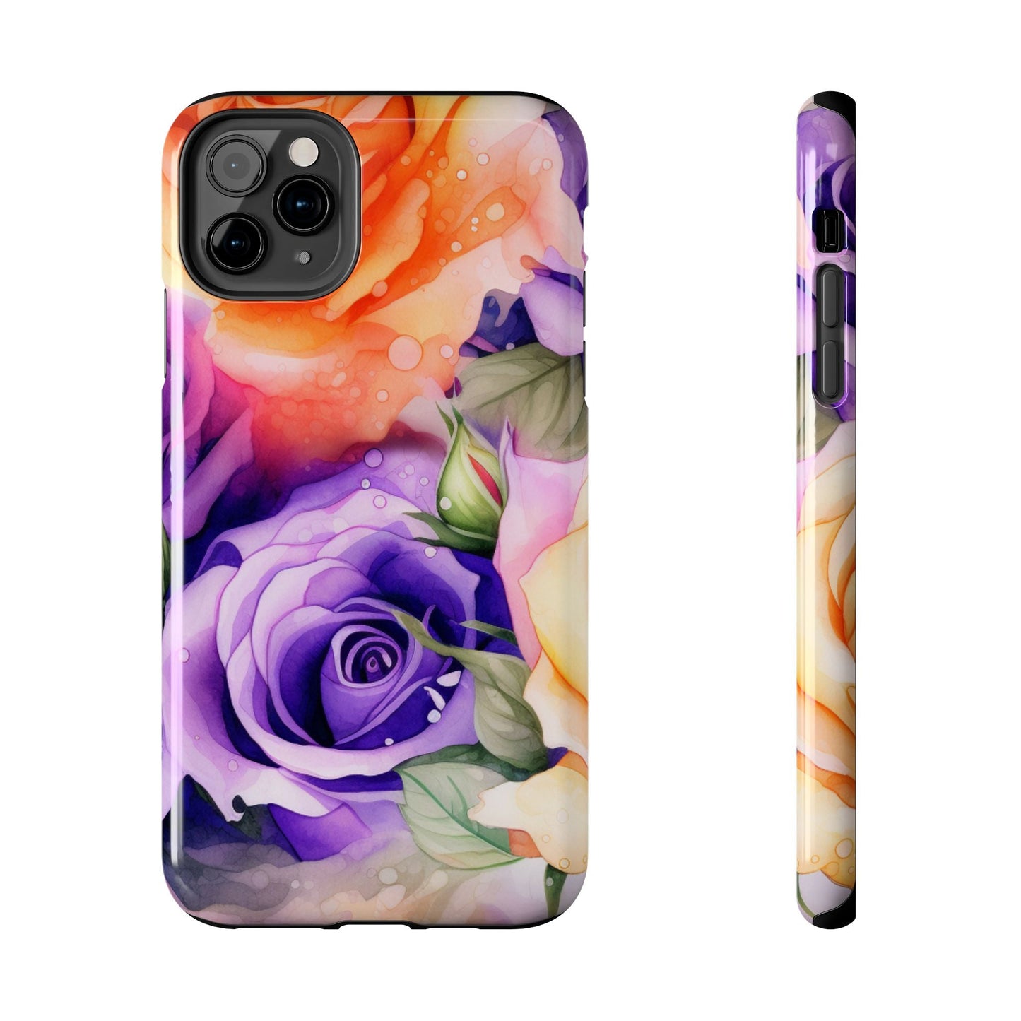 Vibrant Purple & Orange Rose iPhone Case – Watercolor Floral Aesthetic with Shockproof Protection - BOGO Cases