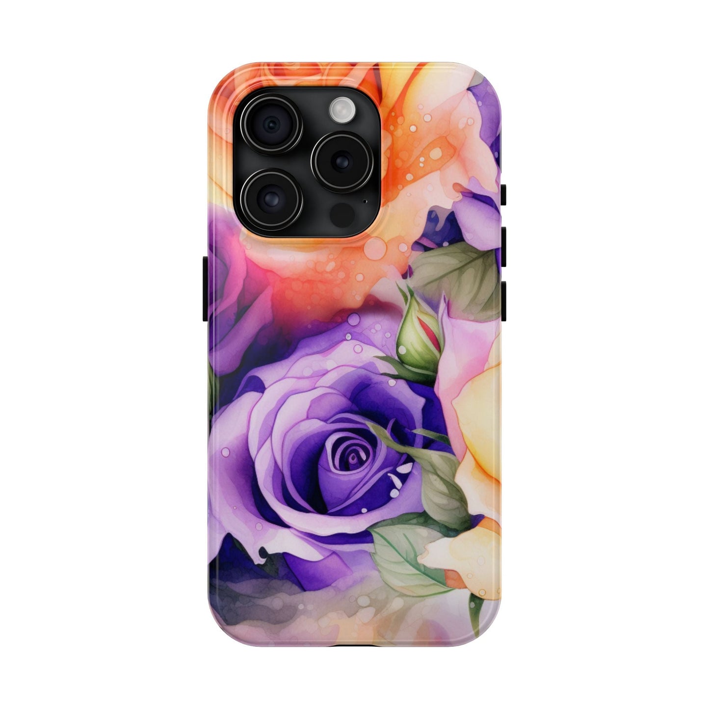 Vibrant Purple & Orange Rose iPhone Case – Watercolor Floral Aesthetic with Shockproof Protection - BOGO Cases