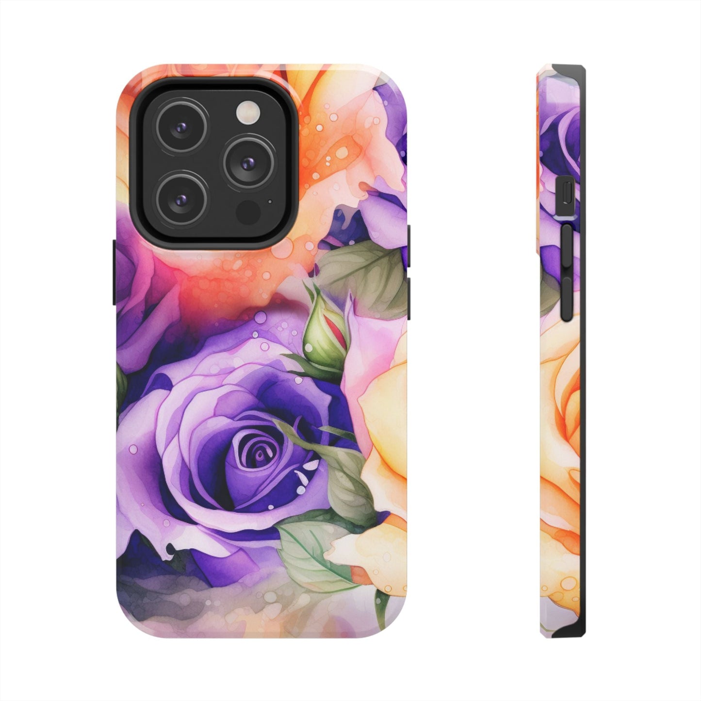 Vibrant Purple & Orange Rose iPhone Case – Watercolor Floral Aesthetic with Shockproof Protection - BOGO Cases