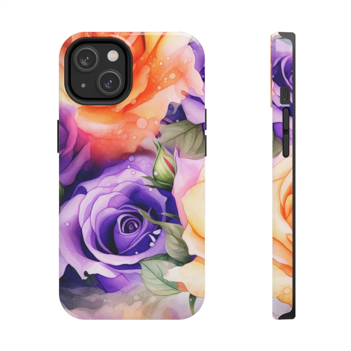 Vibrant Purple & Orange Rose iPhone Case – Watercolor Floral Aesthetic with Shockproof Protection - BOGO Cases