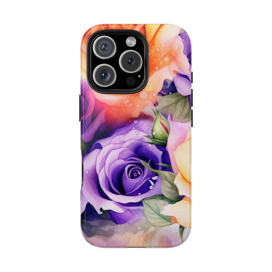 Vibrant Purple & Orange Rose iPhone Case – Watercolor Floral Aesthetic with Shockproof Protection - BOGO Cases
