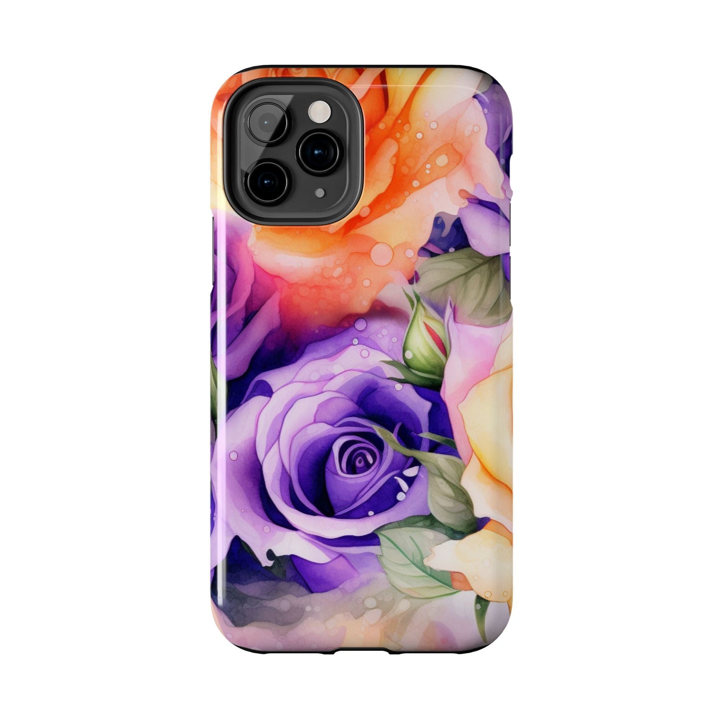 Vibrant Purple & Orange Rose iPhone Case – Watercolor Floral Aesthetic with Shockproof Protection - BOGO Cases
