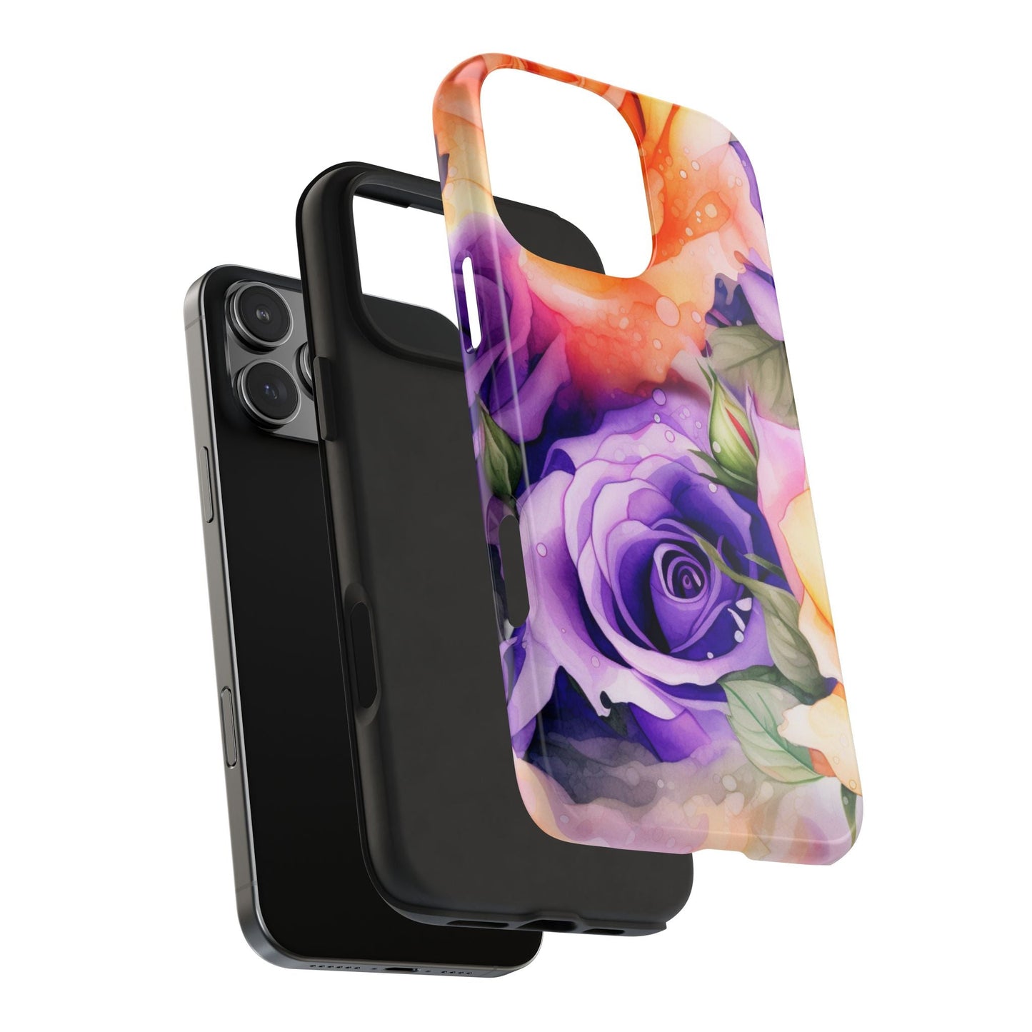 Vibrant Purple & Orange Rose iPhone Case – Watercolor Floral Aesthetic with Shockproof Protection - BOGO Cases